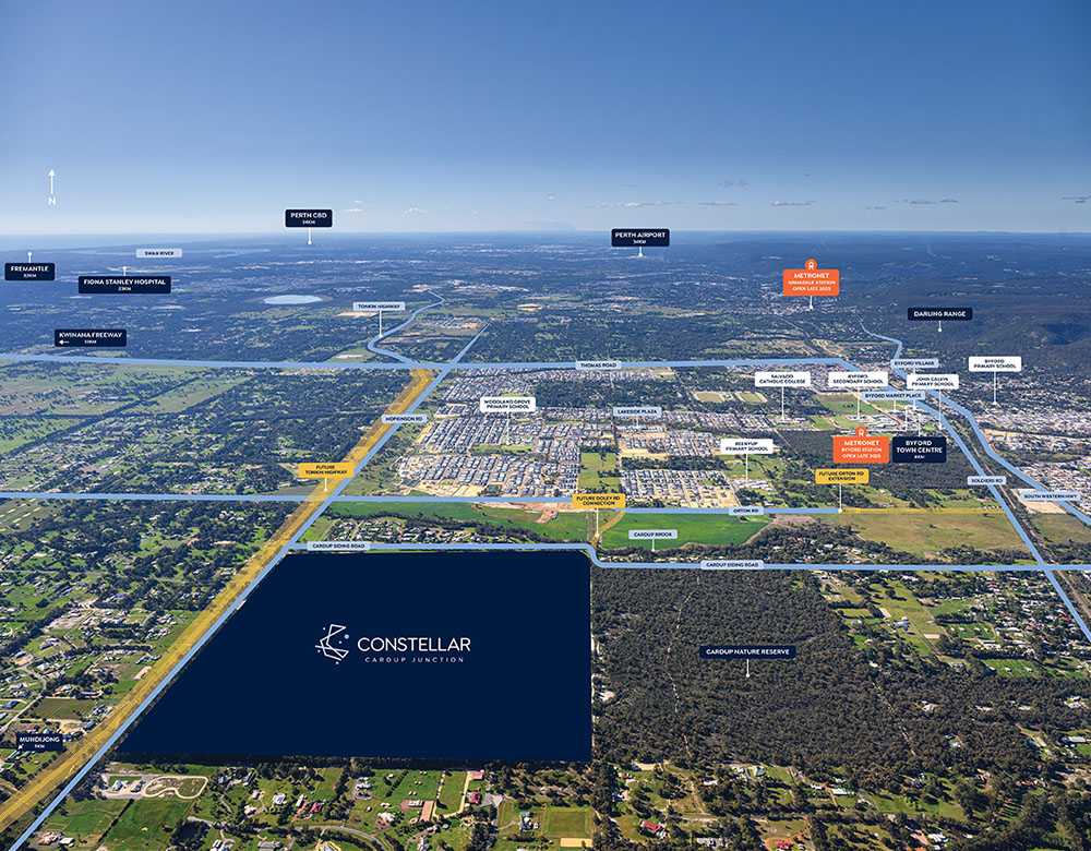 An areal map of where Constellar, Cardups newest land development is located in Perth, Western Australia
