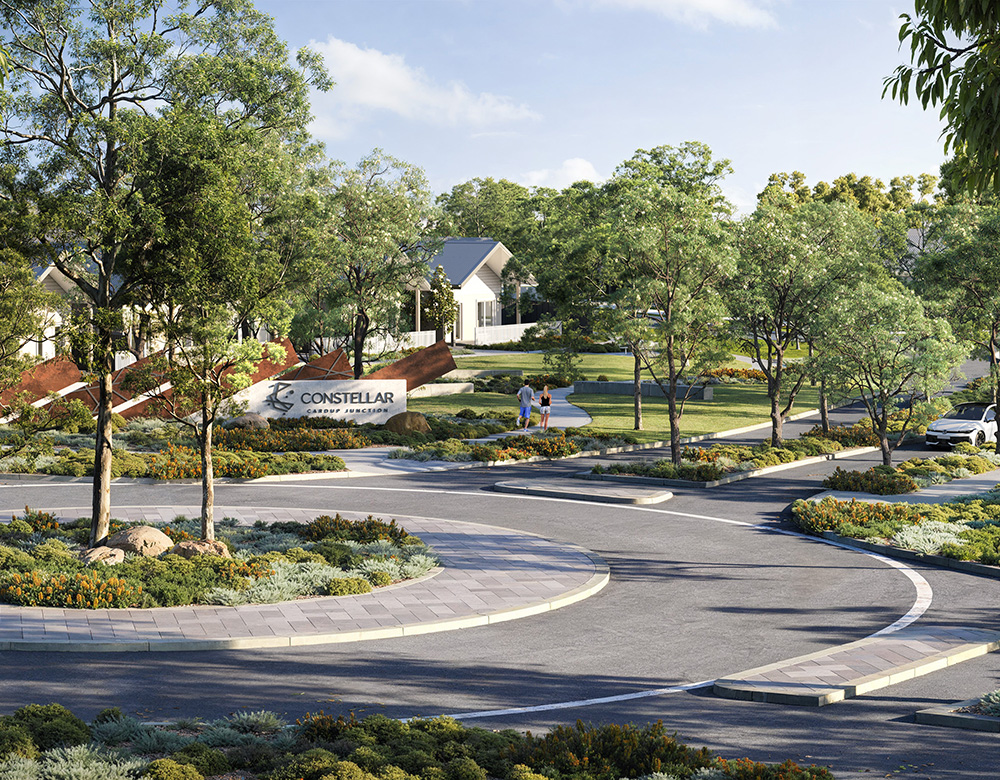 A render of the new land estate Constellar, showing lots of green space and parks available for the community to enjoy