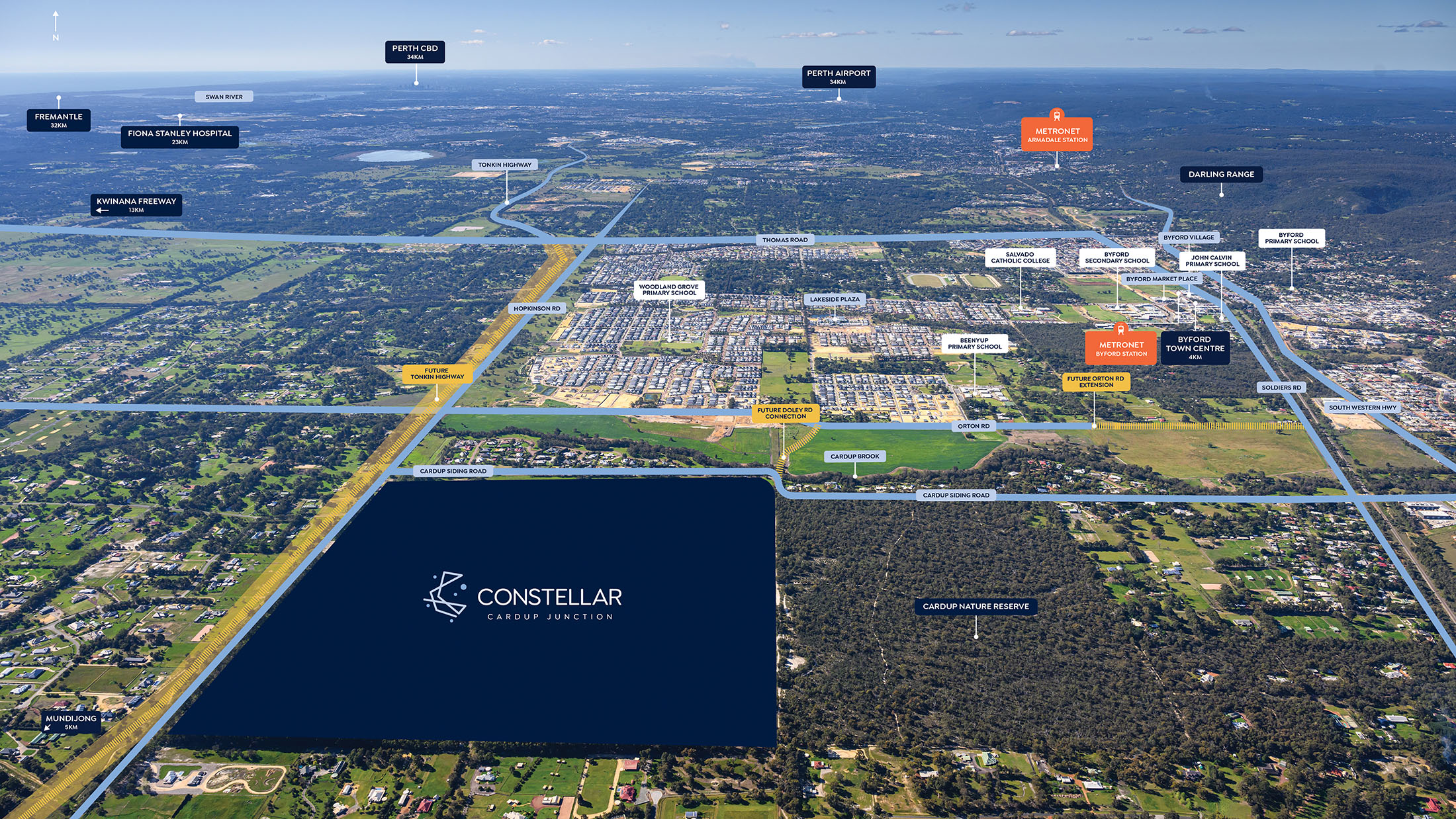 An arial drone image of Cardup Junction, a new land development right next to a nature reserve.